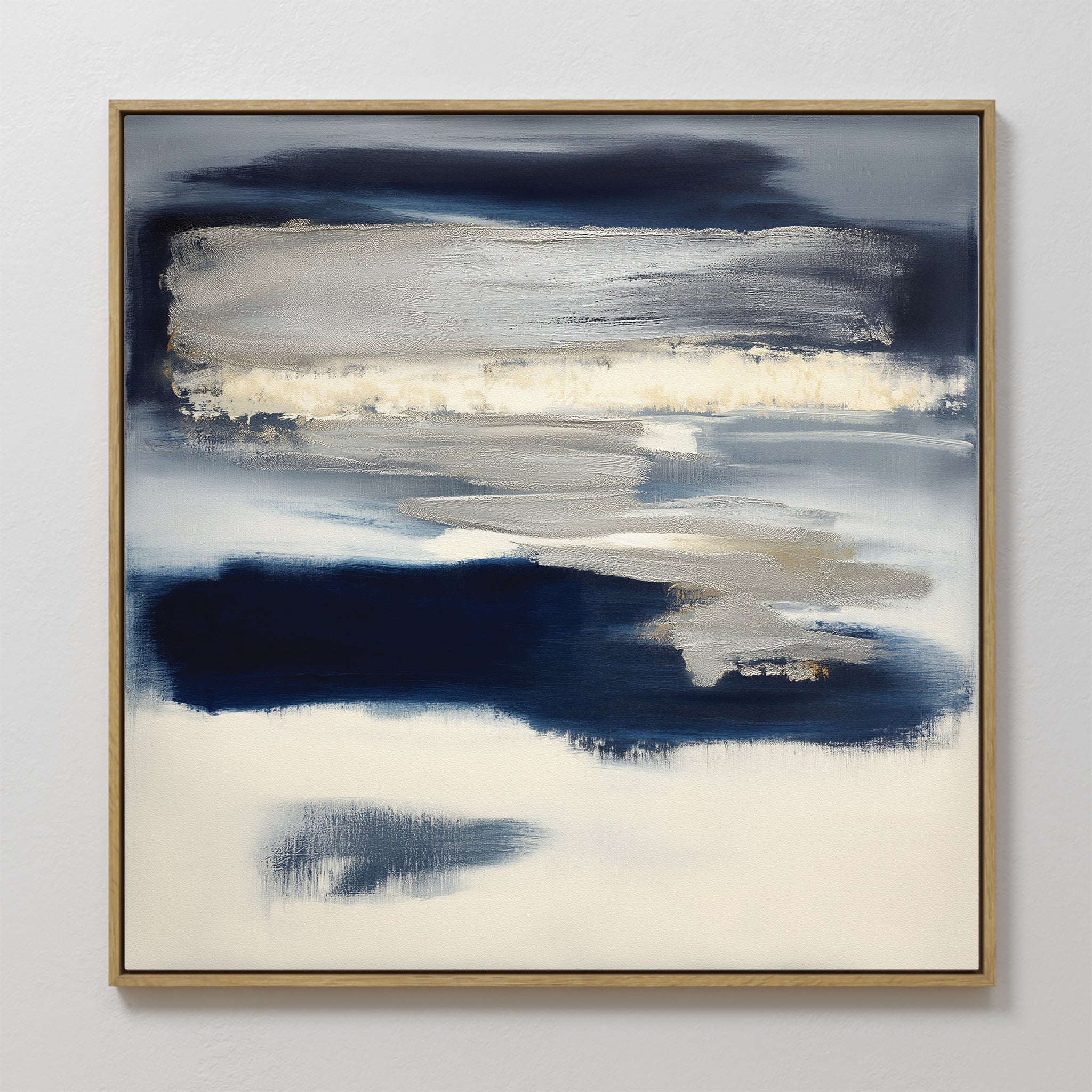 Original hand painted navy blue ivory grey abstract oil painting canvas wall art, nordic scandinavian elegant luxury modern coastal living room home d
