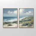 Hand painted original oil painting set of 2 teal blue ocean sandy dunes sage green coastal shrubs canvas wall art nordic scandinavian elegant luxury m