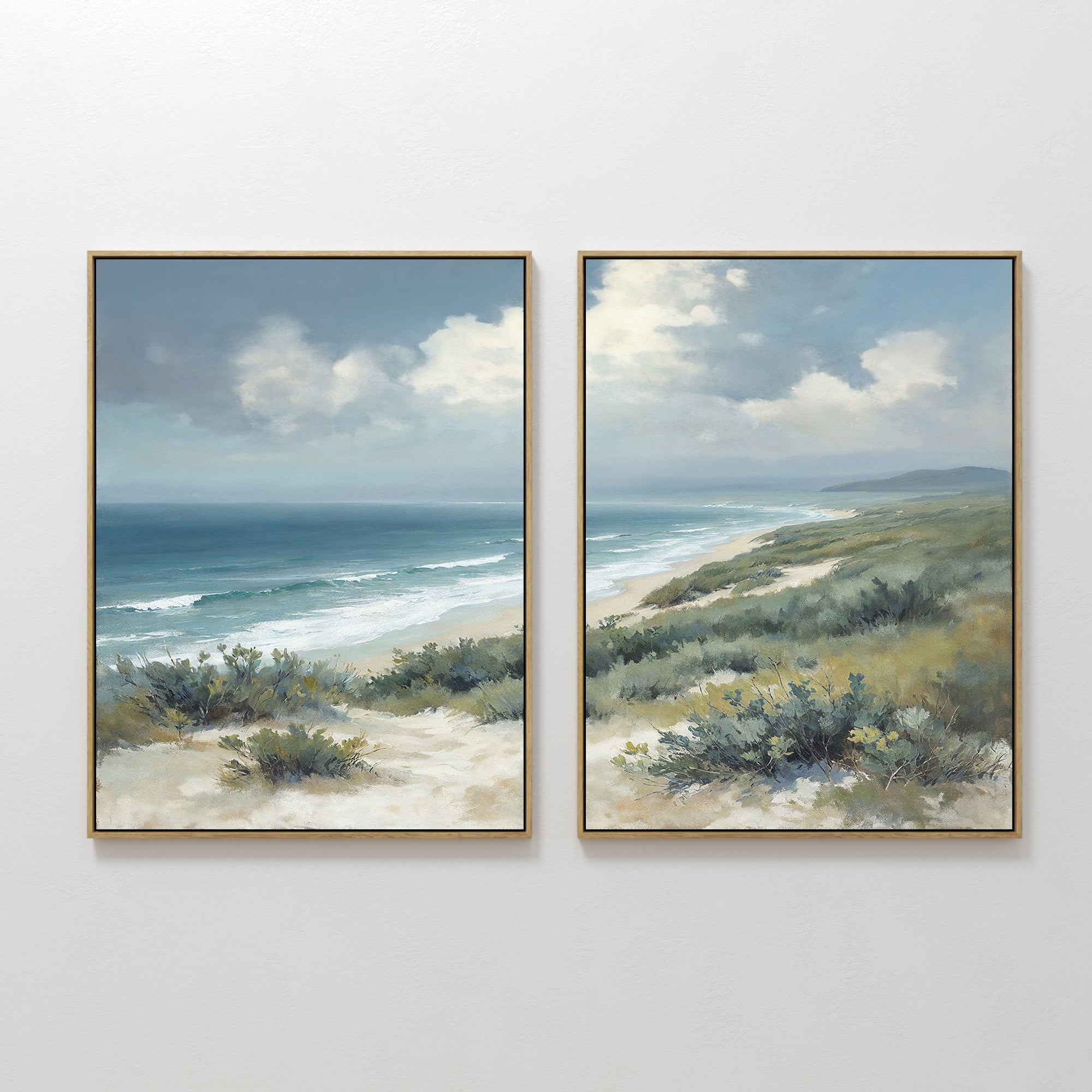 Hand painted original oil painting set of 2 teal blue ocean sandy dunes sage green coastal shrubs canvas wall art nordic scandinavian elegant luxury m