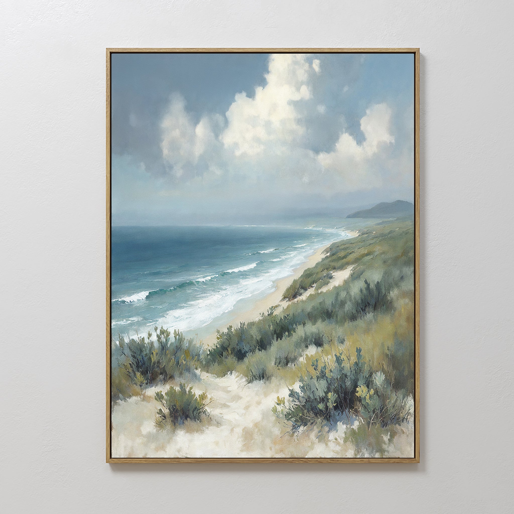 Hand painted original teal blue coastal dunes oil painting canvas wall art, nordic scandinavian elegant luxury modern living room home decor interior