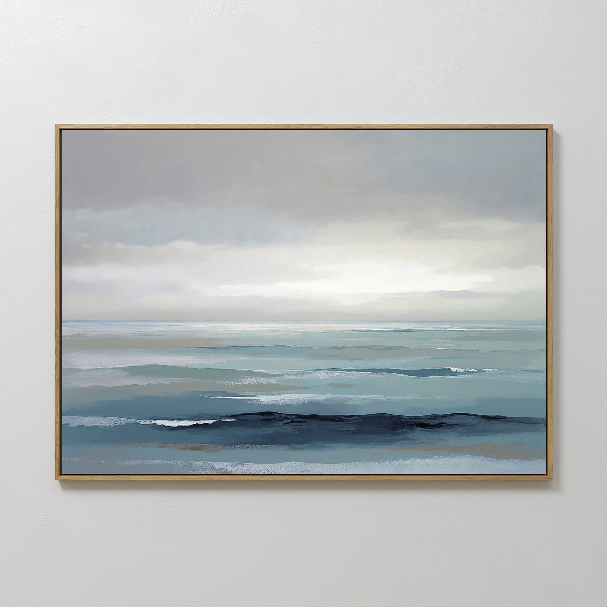 Original hand painted teal blue grey coastal seascape oil painting canvas wall art, nordic scandinavian elegant minimalist luxury modern home decor in