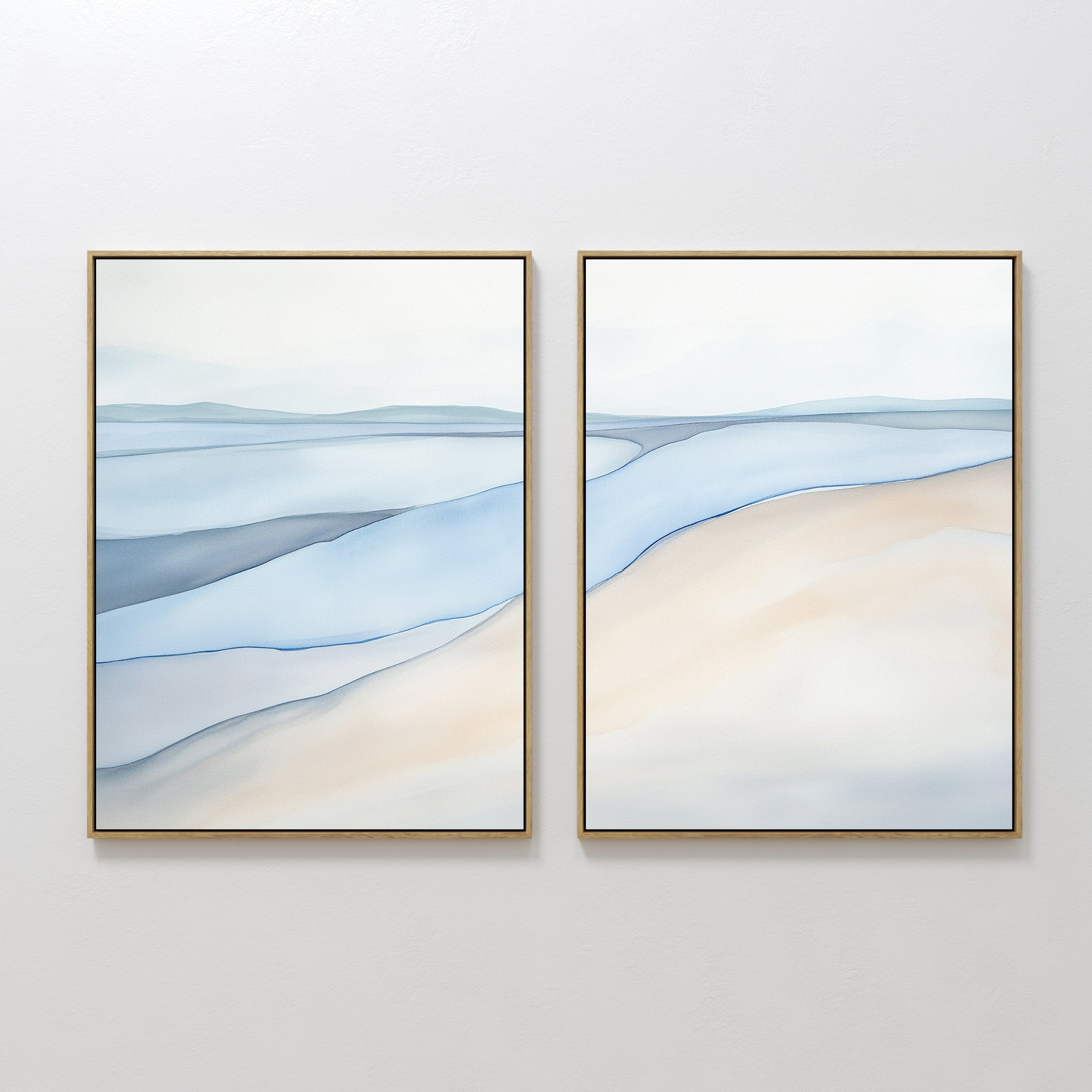 Original hand painted blue grey sandy beige coastal diptych oil painting canvas wall art, nordic scandinavian elegant minimalist luxury modern home de