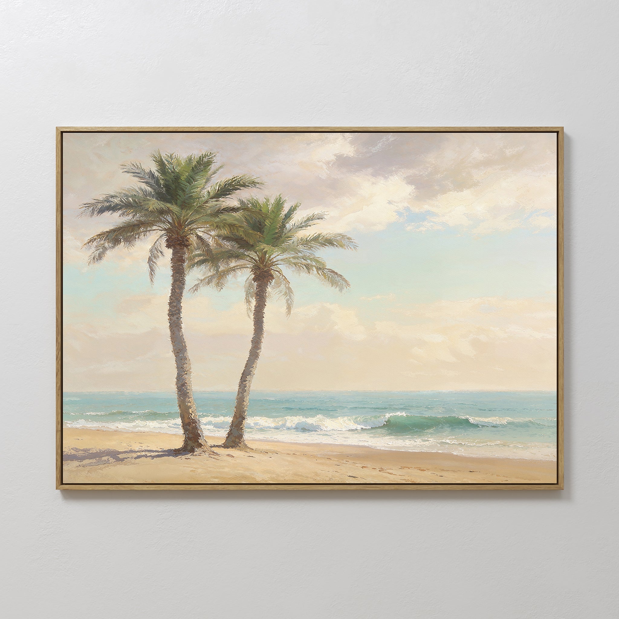Original hand painted teal sandy beach palm tree oil painting canvas wall art, elegant luxury coastal nordic scandinavian modern living room home deco