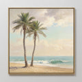 Original hand painted twin palm trees beach oil painting canvas wall art, soft beige turquoise coastal elegant luxury modern home decor interior desig