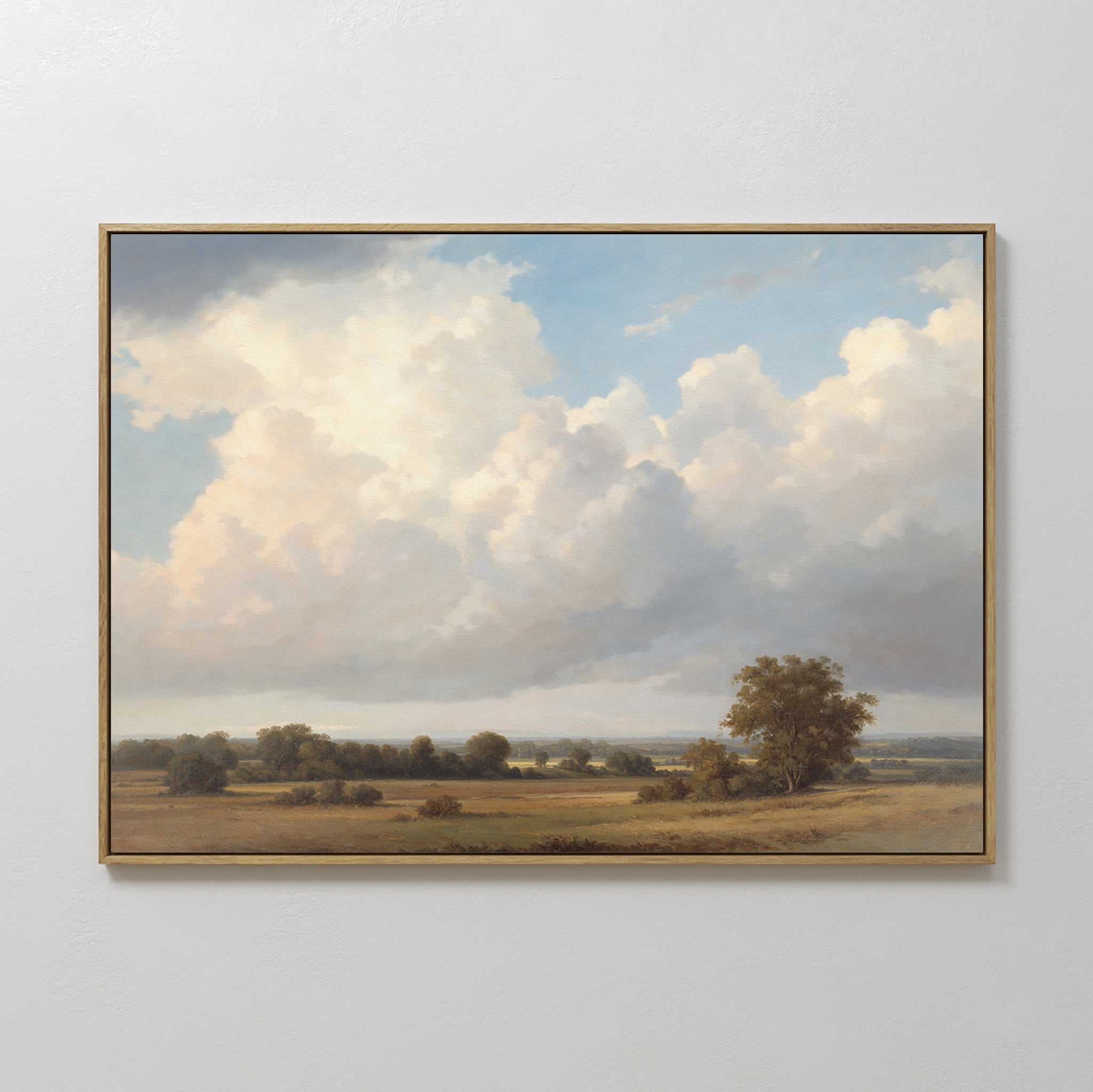 Original hand painted golden meadow landscape oil painting canvas wall art, soft blue sky billowing clouds, elegant luxury nordic scandinavian modern