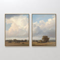 Original hand painted golden meadow landscape oil painting set of 2 canvas wall art, soft blue sky ivory clouds elegant luxury nordic modern home deco