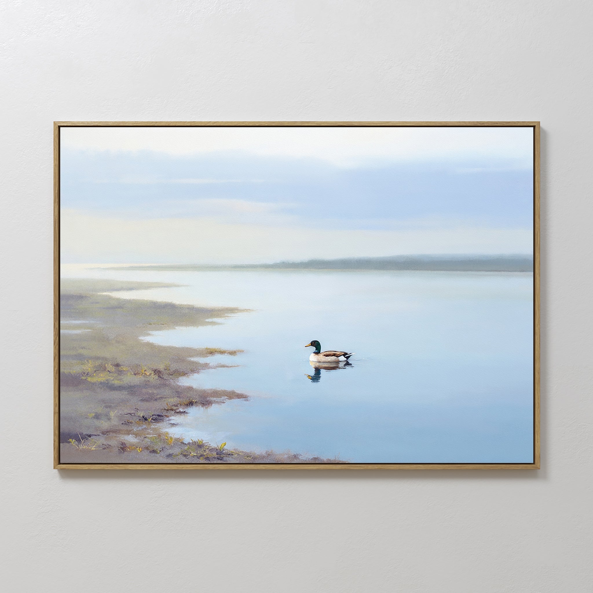 Hand painted original oil painting mallard duck misty pale blue lake coastal canvas wall art nordic scandinavian elegant luxury modern home decor inte