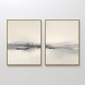 Original hand painted ivory grey misty lake landscape diptych oil painting canvas wall art, nordic scandinavian elegant luxury modern living room home