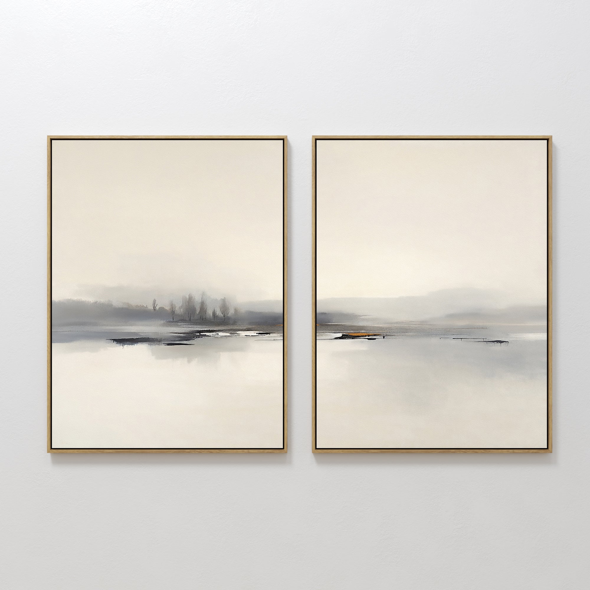 Original hand painted ivory grey misty lake landscape diptych oil painting canvas wall art, nordic scandinavian elegant luxury modern living room home