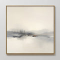 Original hand painted misty grey lake oil painting canvas wall art, dark trees fog reflection golden detail, nordic scandinavian elegant luxury modern