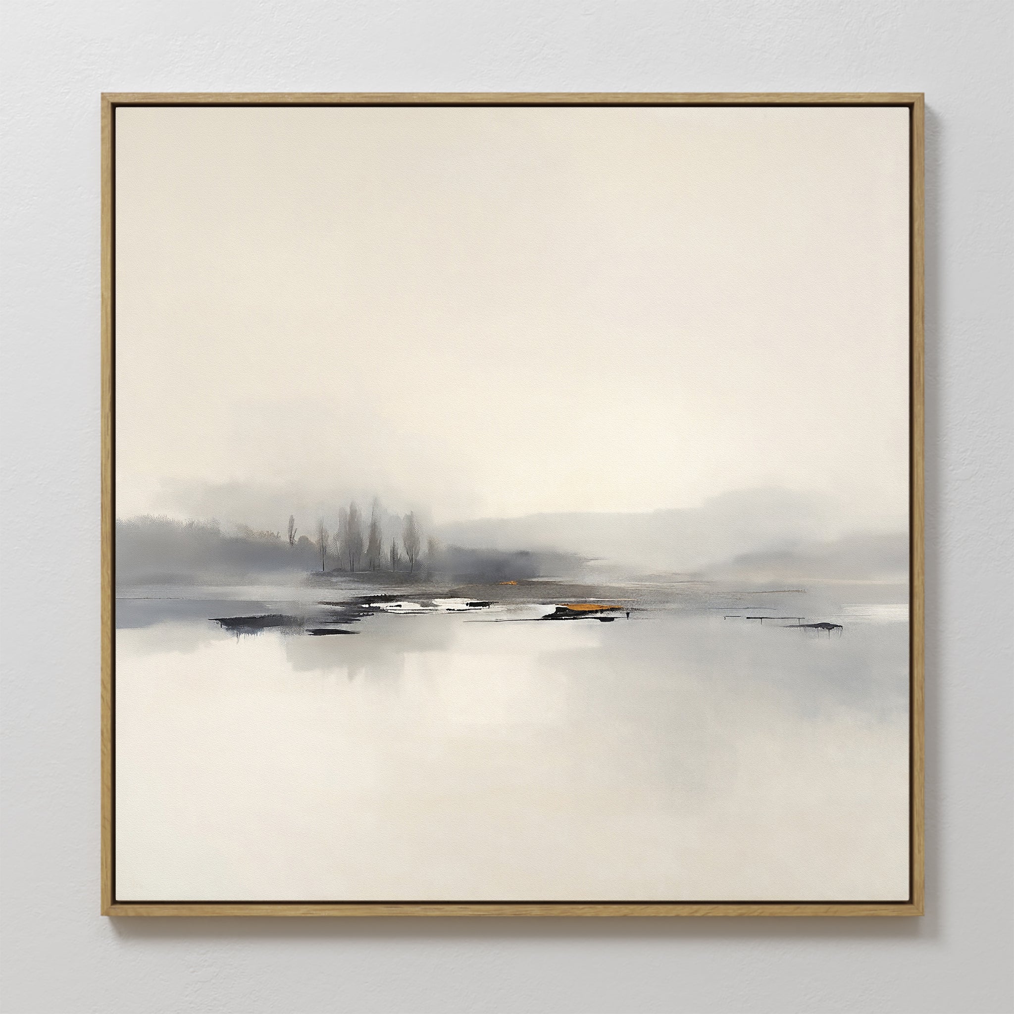 Original hand painted misty grey lake oil painting canvas wall art, dark trees fog reflection golden detail, nordic scandinavian elegant luxury modern