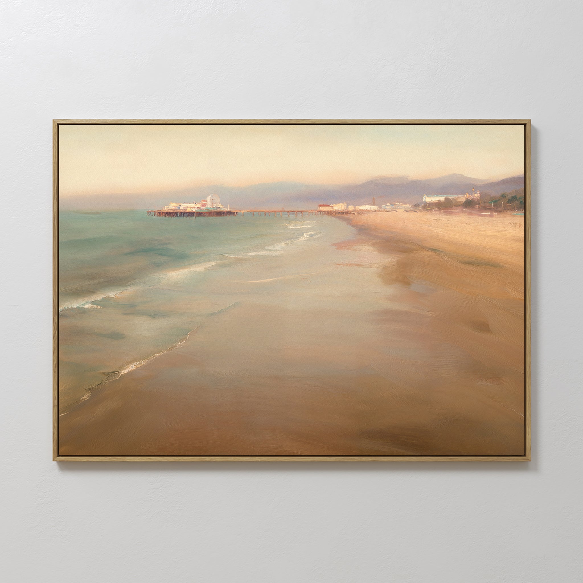 Hand painted original oil painting sandy beach teal ocean coastal pier warm golden haze canvas wall art elegant luxury modern nordic home decor interi