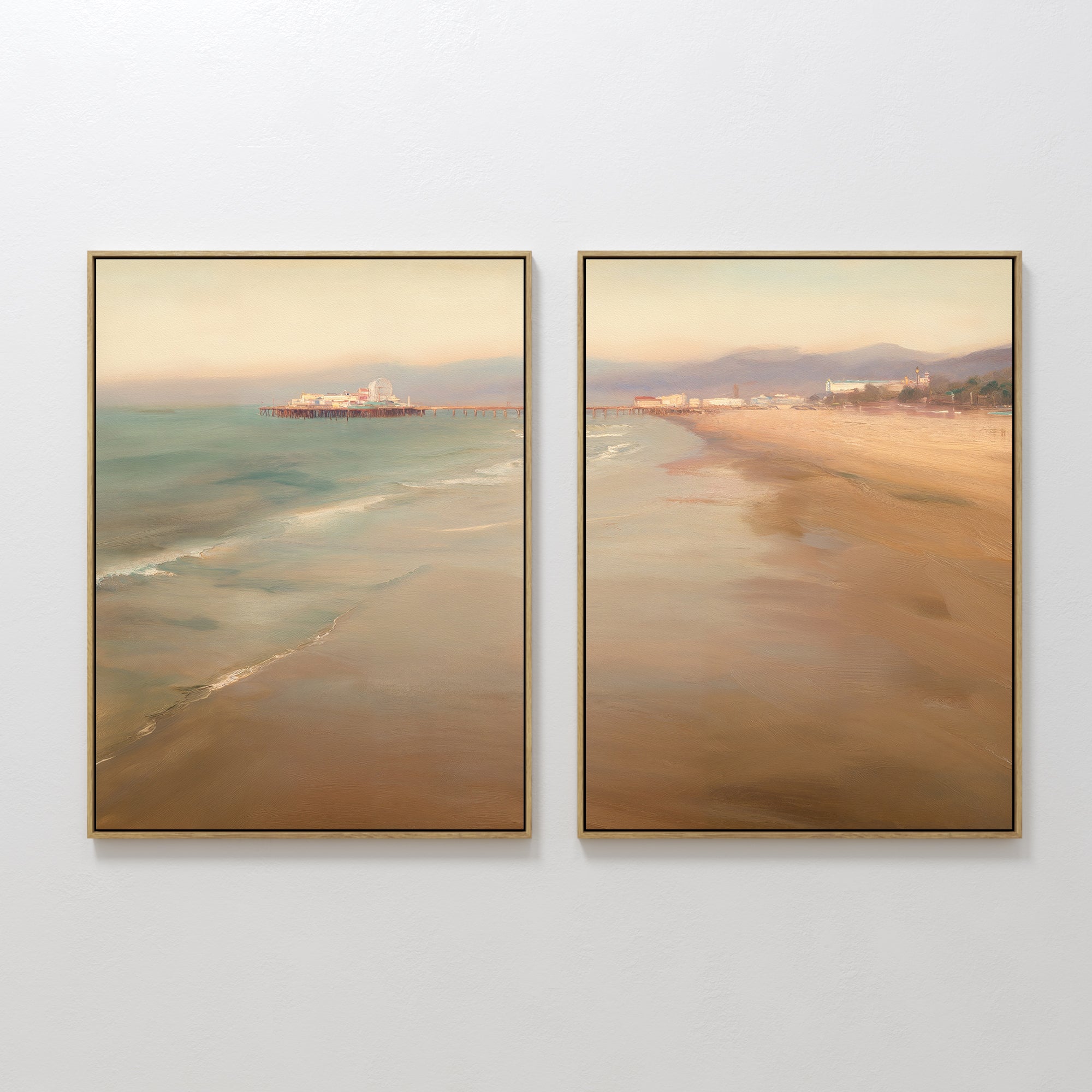 Hand painted original oil painting diptych sandy beach pier seafoam gold tones coastal canvas wall art nordic scandinavian elegant luxury modern inter