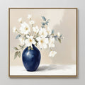 Hand painted original white floral navy blue ceramic vase oil painting canvas wall art, nordic scandinavian elegant luxury minimalist modern home deco