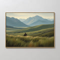 Original hand painted green valley mountain landscape oil painting canvas wall art, lone horseman silhouette, nordic scandinavian elegant luxury moder
