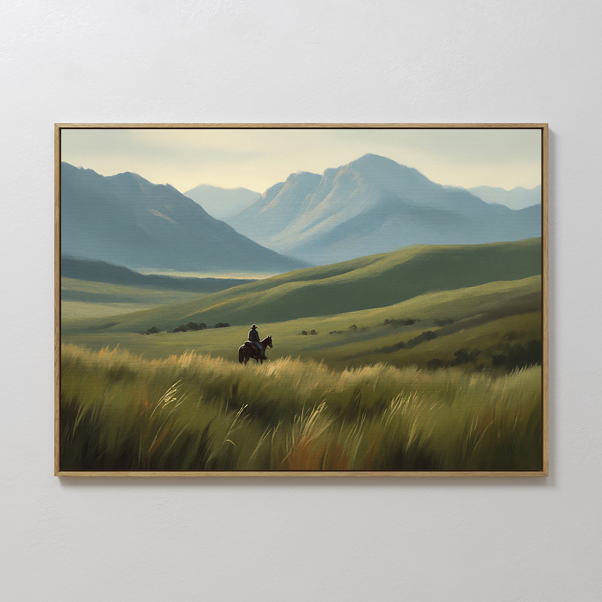 Original hand painted green valley mountain landscape oil painting canvas wall art, lone horseman silhouette, nordic scandinavian elegant luxury moder