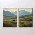 Hand painted original oil painting canvas wall art, lone cowboy on horseback in golden green grasslands with misty blue mountain valley, elegant luxur