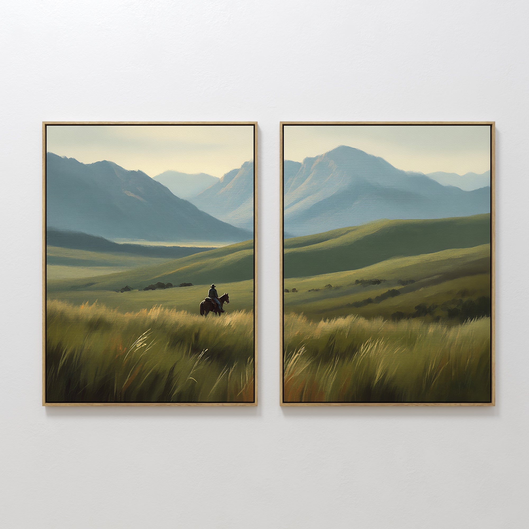 Hand painted original oil painting canvas wall art, lone cowboy on horseback in golden green grasslands with misty blue mountain valley, elegant luxur