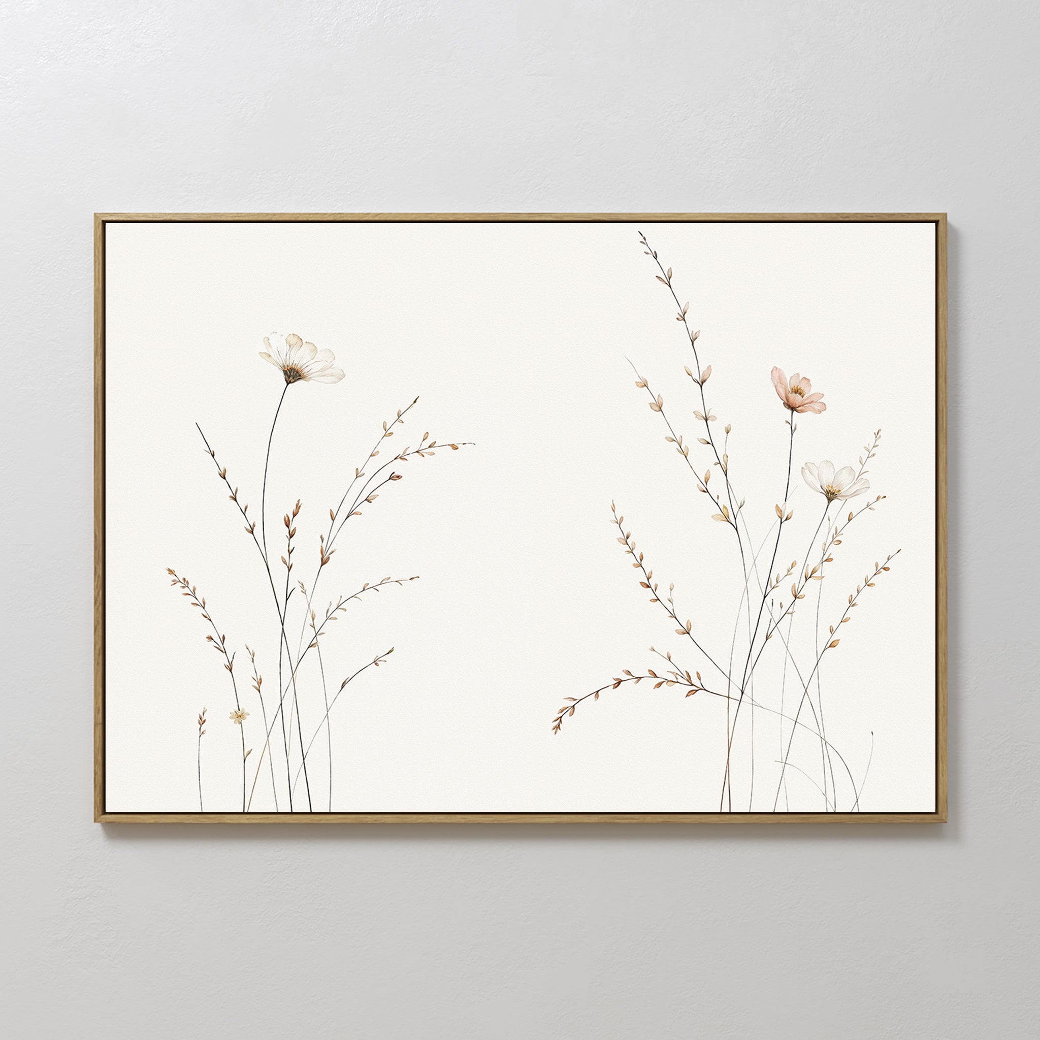 Hand painted original ivory blush wildflower oil painting canvas wall art, nordic scandinavian elegant minimalist luxury modern bedroom home decor int
