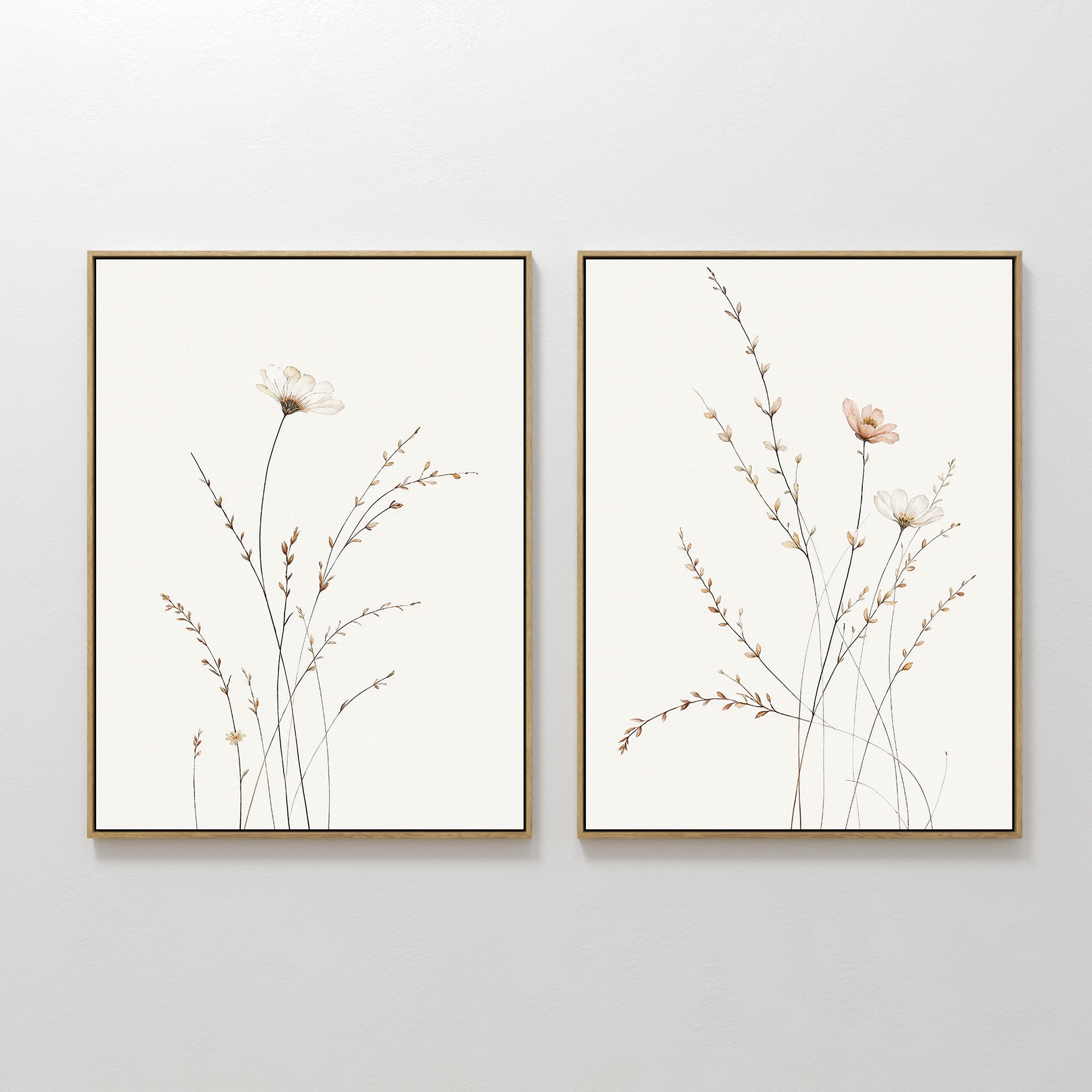 Original hand painted ivory blush wildflower botanical oil painting canvas wall art set of 2, nordic scandinavian minimalist elegant luxury modern hom