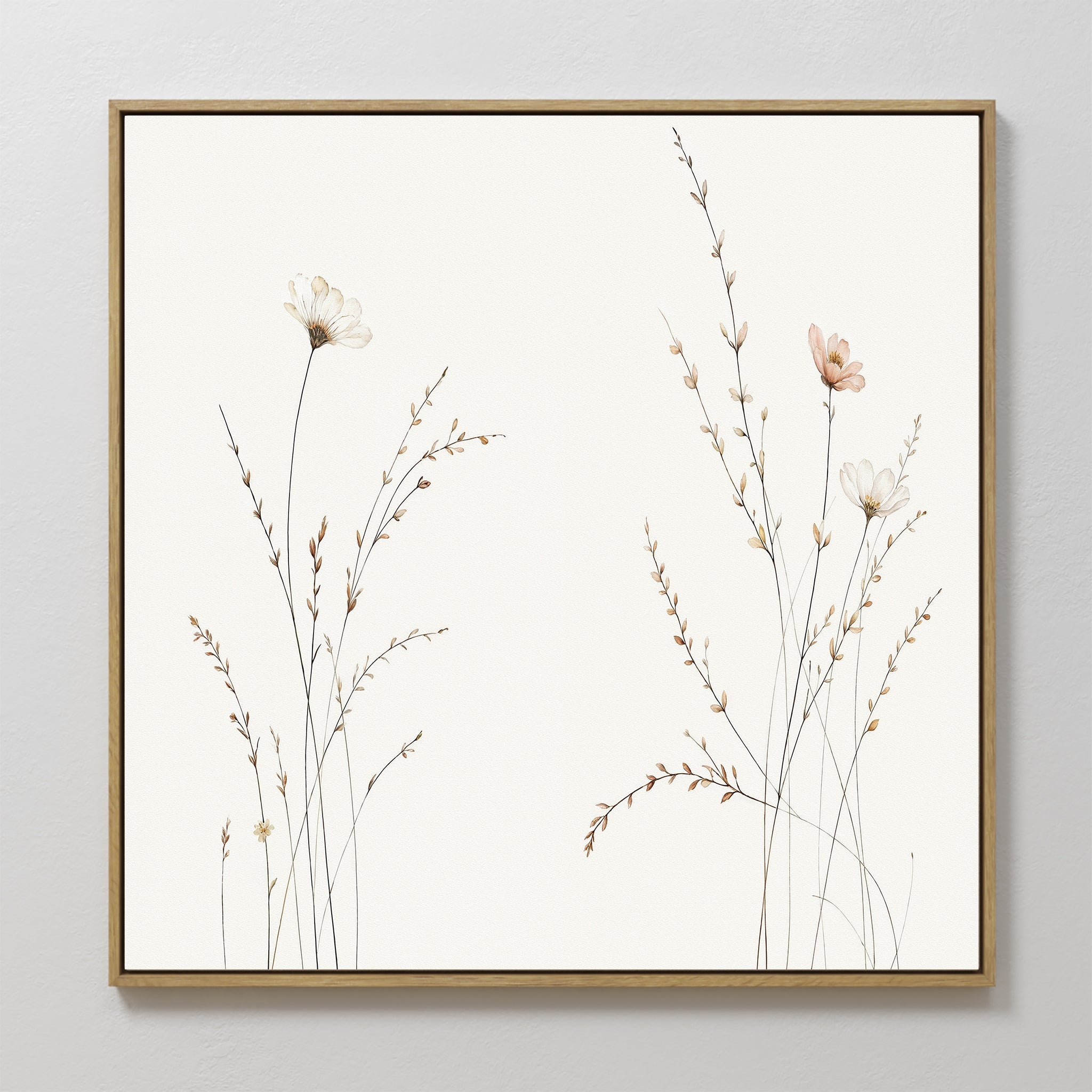 Original hand painted blush ivory wildflower botanical oil painting canvas wall art, nordic scandinavian elegant minimalist luxury modern home decor i