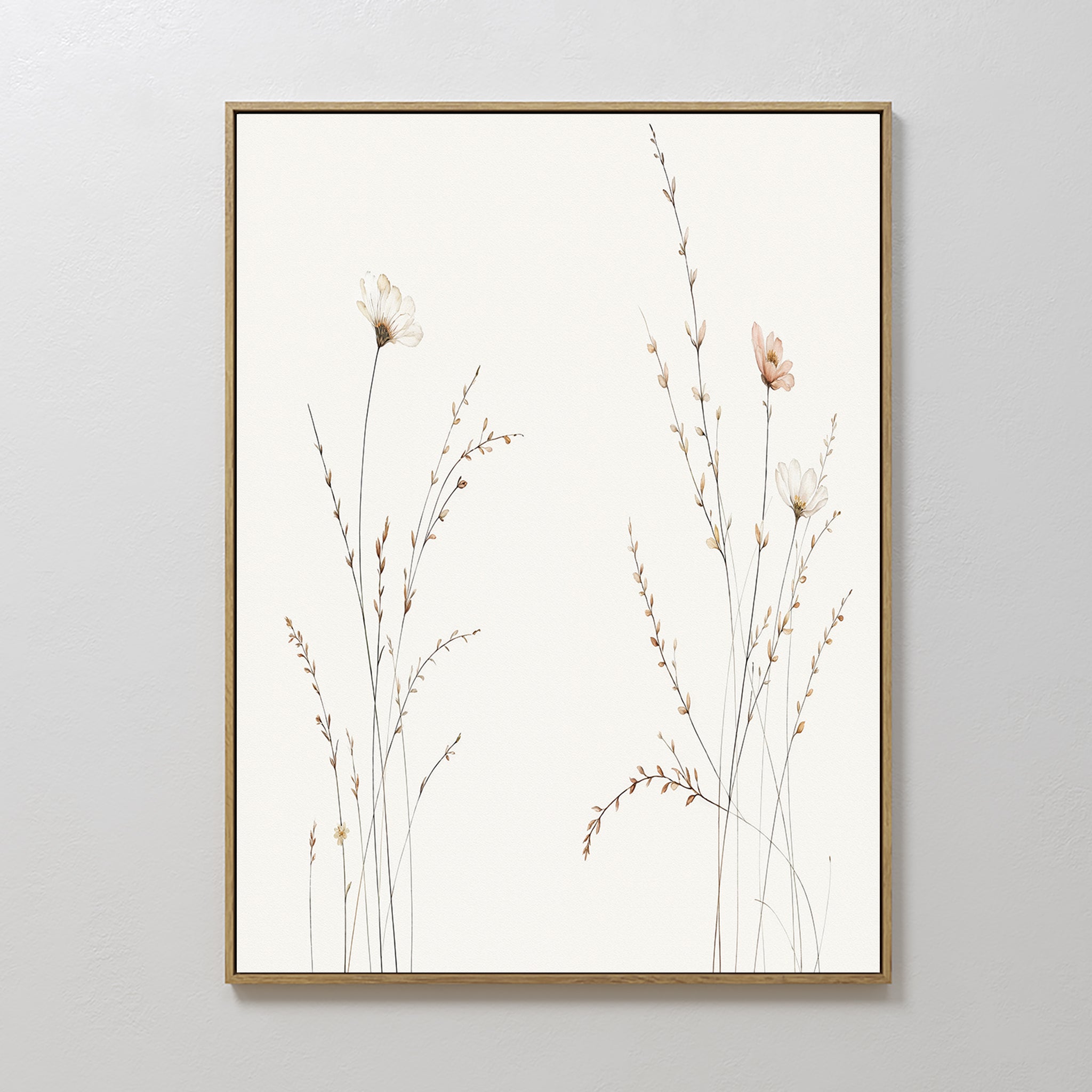 Original hand painted ivory blush wildflower botanical oil painting canvas wall art, nordic scandinavian elegant luxury minimalist modern home decor i