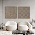Original hand painted sand taupe textured geometric grid oil painting set of 2 canvas wall art, nordic scandinavian minimalist elegant