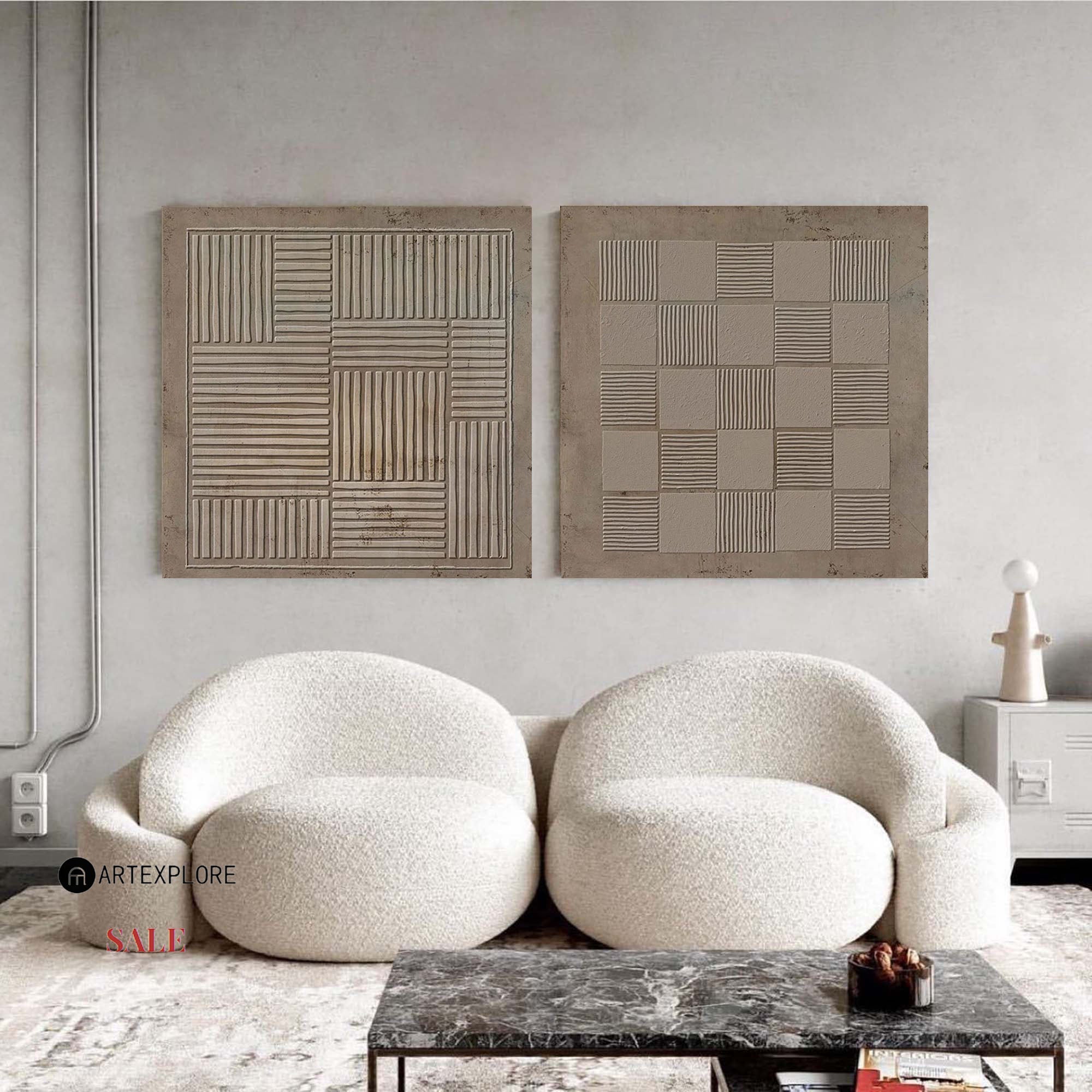 Original hand painted sand taupe textured geometric grid oil painting set of 2 canvas wall art, nordic scandinavian minimalist elegant