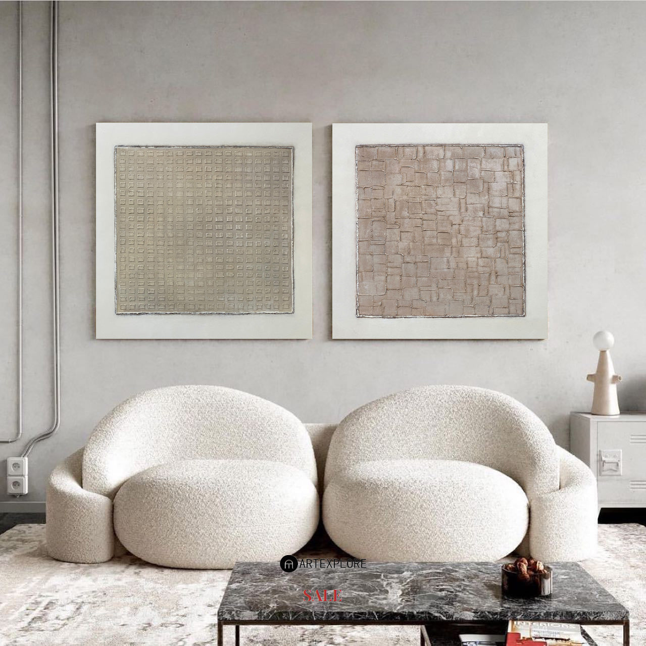 Original hand painted sand beige textured grid diptych oil painting canvas wall art, nordic scandinavian minimalist elegant luxury mode