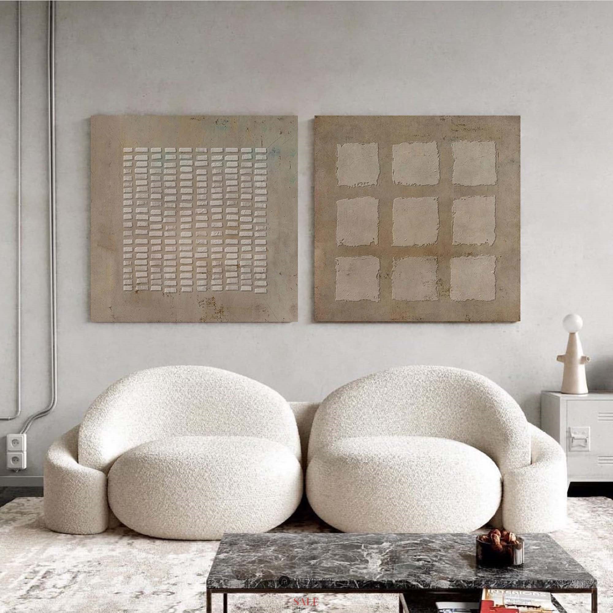 Original hand painted sand beige geometric textured oil painting set of 2 canvas wall art, nordic scandinavian minimalist elegant luxur