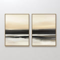 Original hand painted black beige ivory abstract landscape oil painting diptych canvas wall art, nordic scandinavian elegant luxury modern living room