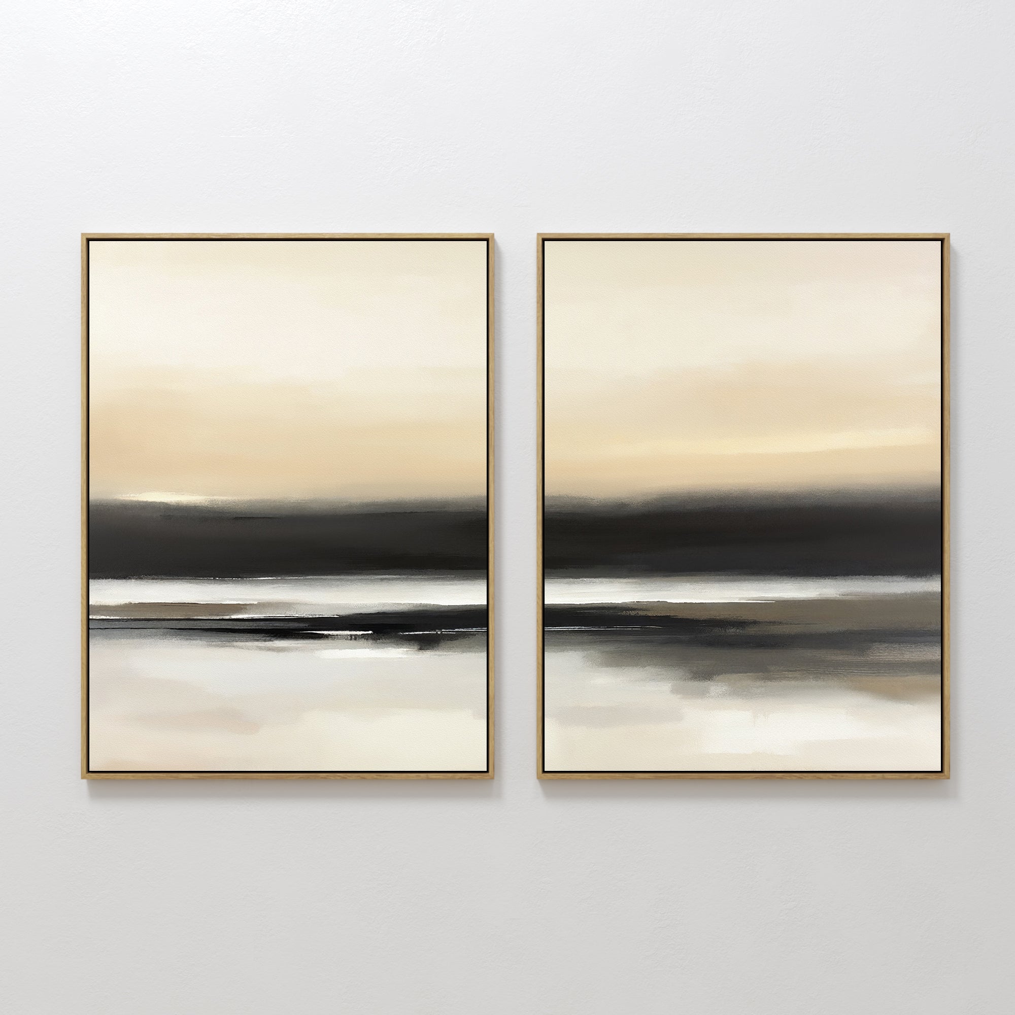 Original hand painted black beige ivory abstract landscape oil painting diptych canvas wall art, nordic scandinavian elegant luxury modern living room