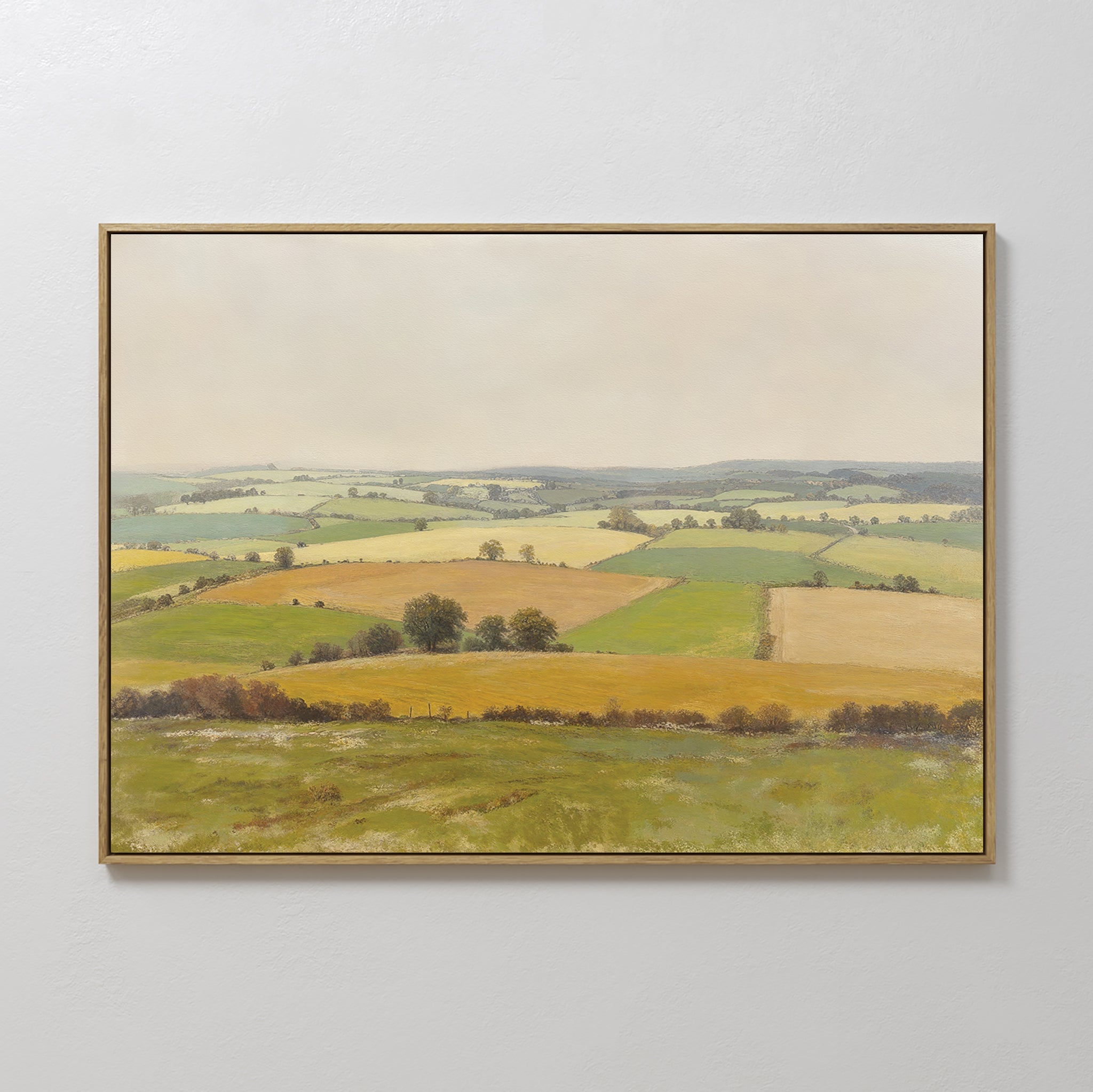 Original hand painted green amber patchwork valley landscape oil painting canvas wall art, nordic scandinavian elegant luxury vintage modern home deco
