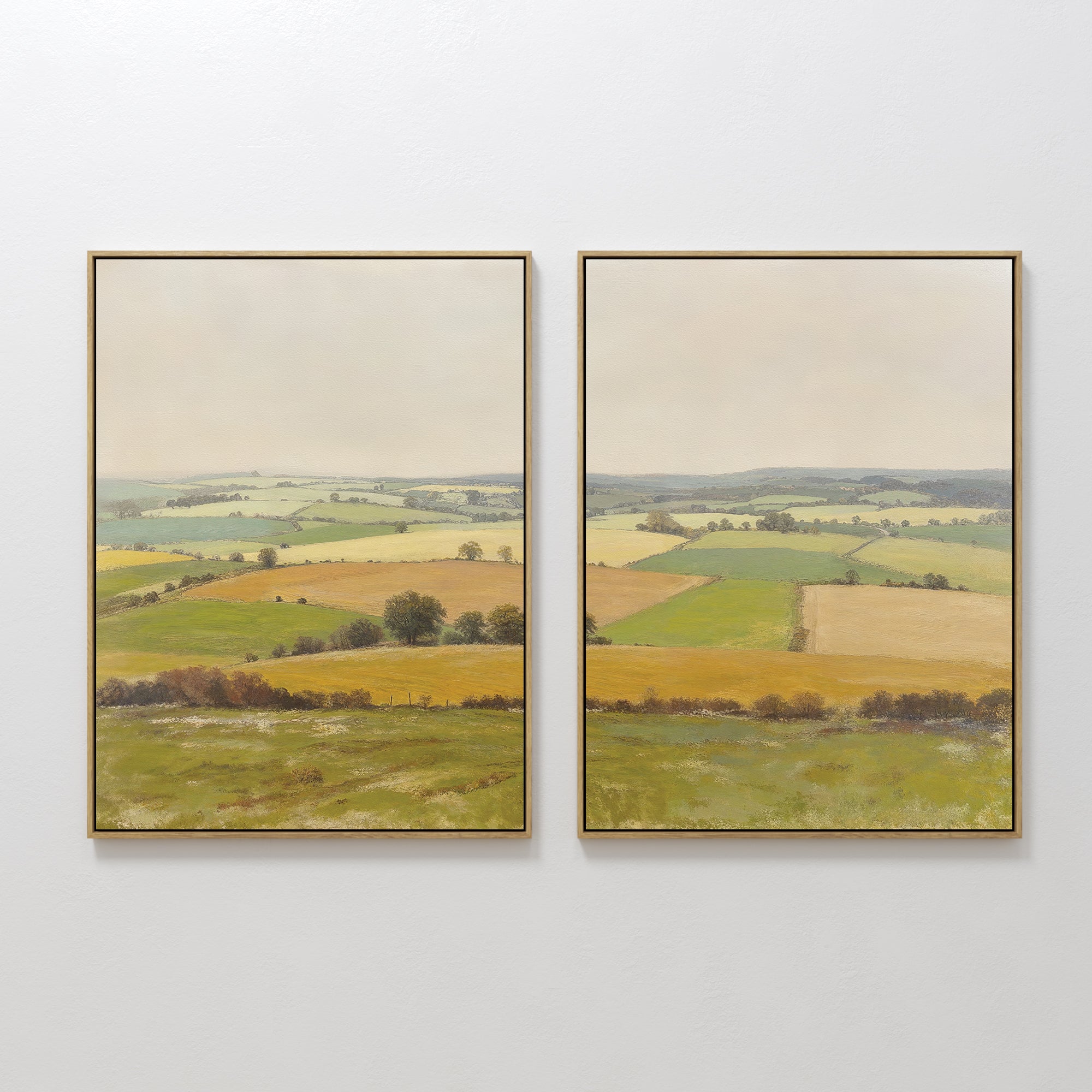 Original hand painted amber green rolling countryside panoramic landscape oil painting canvas wall art, nordic elegant luxury modern living room home