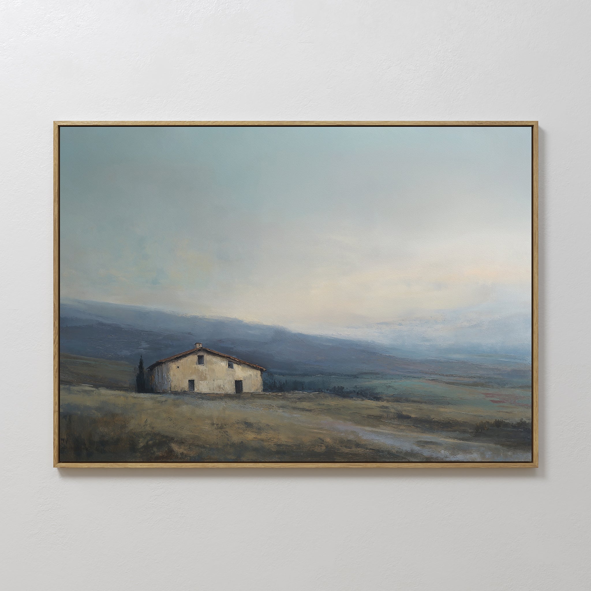 Original hand painted blue mist farmhouse landscape oil painting canvas wall art, nordic scandinavian elegant luxury modern living room home decor int