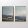 Original hand painted misty blue sage farmhouse landscape oil painting canvas wall art set, nordic scandinavian elegant luxury modern living room home