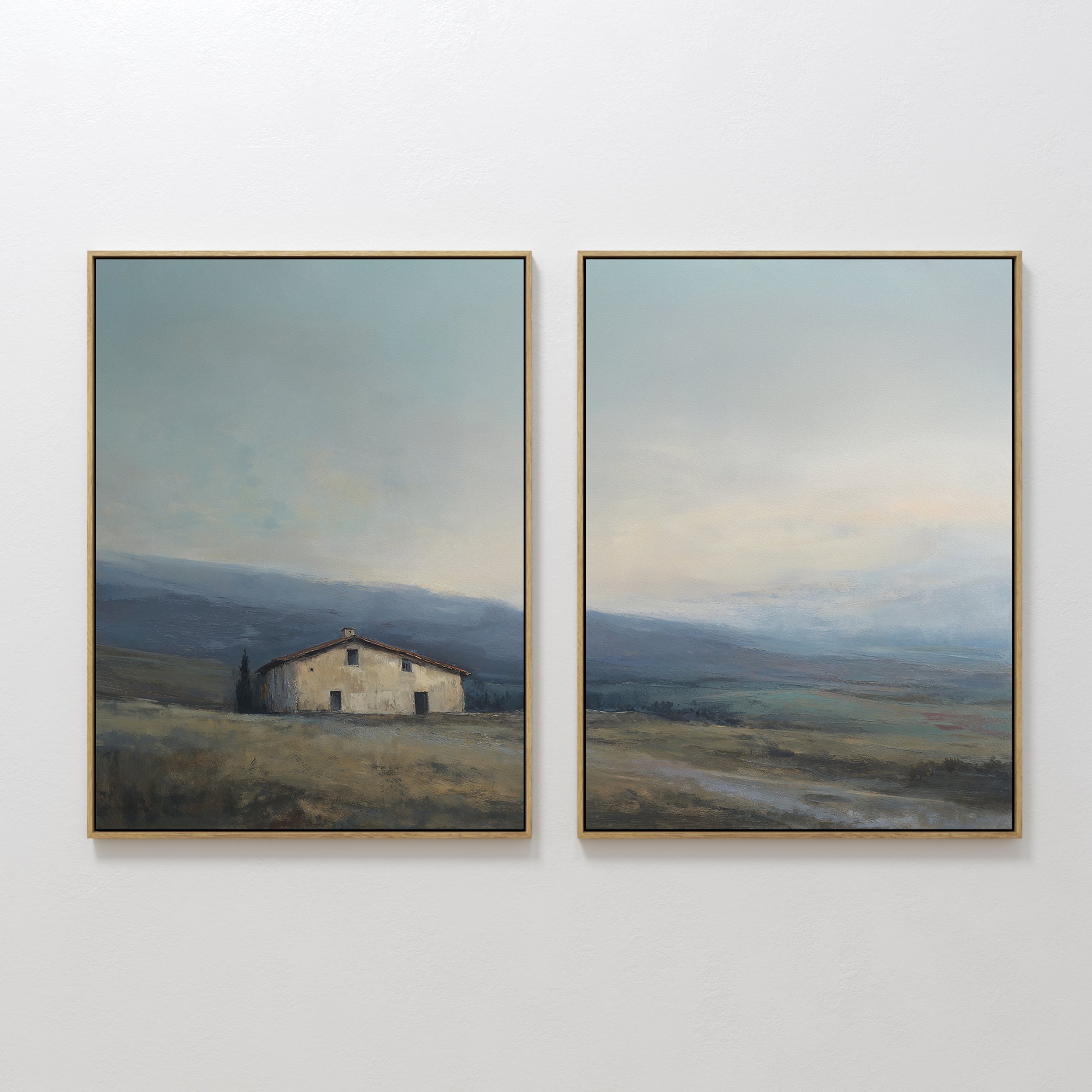 Original hand painted misty blue sage farmhouse landscape oil painting canvas wall art set, nordic scandinavian elegant luxury modern living room home