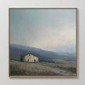 Hand painted original oil painting canvas wall art lone farmhouse misty blue grey mountain valley landscape nordic scandinavian elegant luxury modern