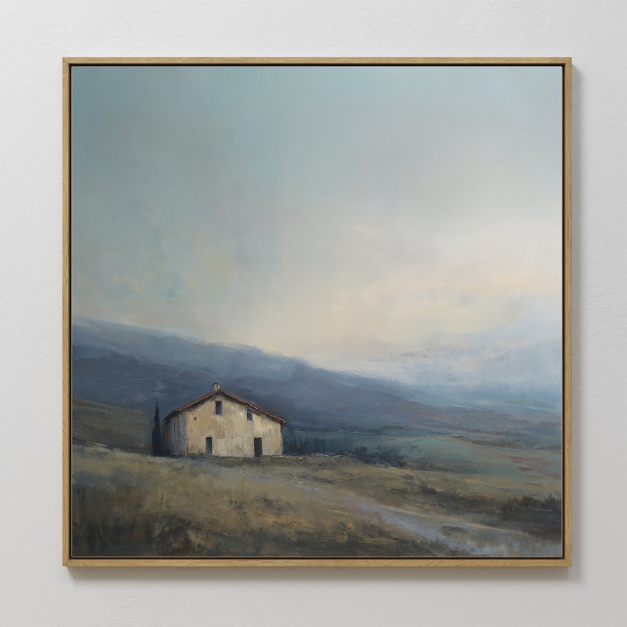 Hand painted original oil painting canvas wall art lone farmhouse misty blue grey mountain valley landscape nordic scandinavian elegant luxury modern