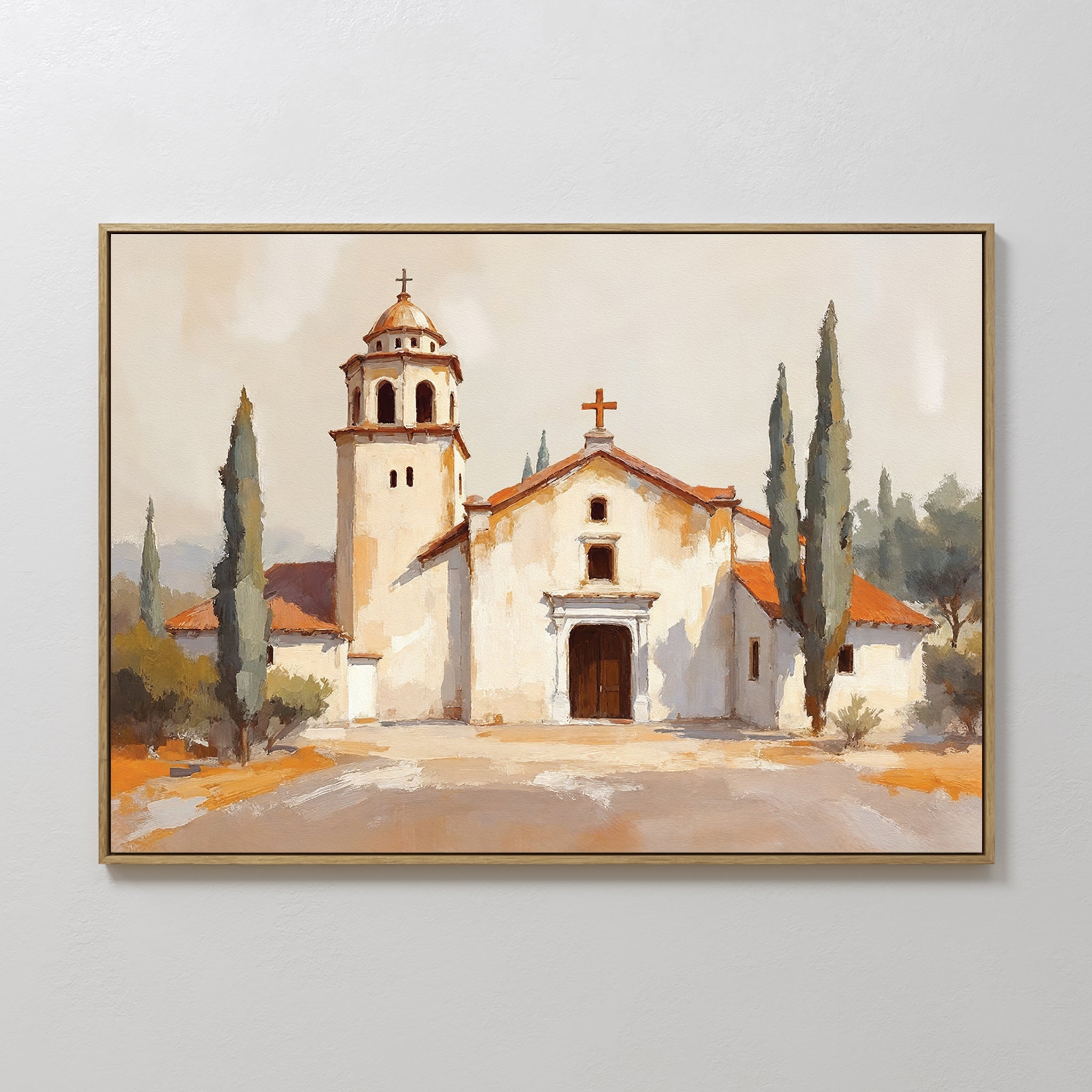 Hand painted original oil painting warm amber ivory Spanish mission church cypress trees canvas wall art elegant luxury modern home decor interior des