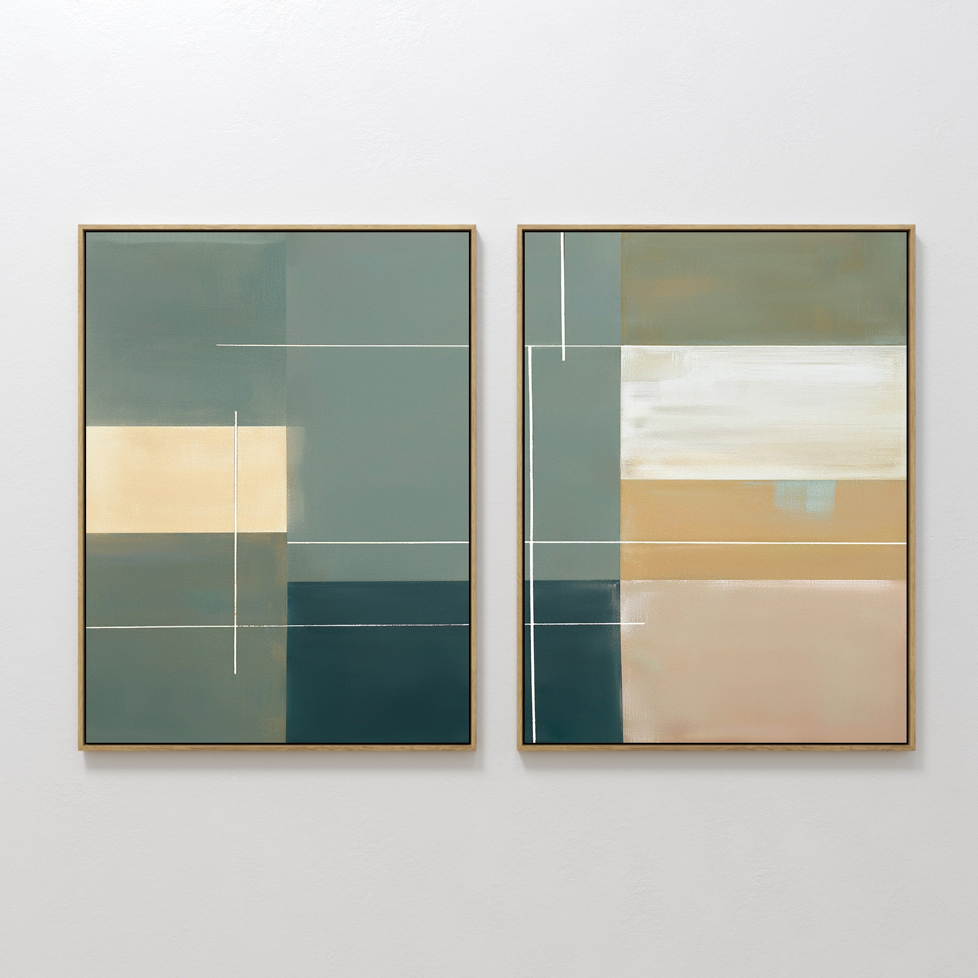 Original hand painted sage teal geometric oil painting diptych canvas wall art, nordic scandinavian minimalist elegant luxury modern home decor interi