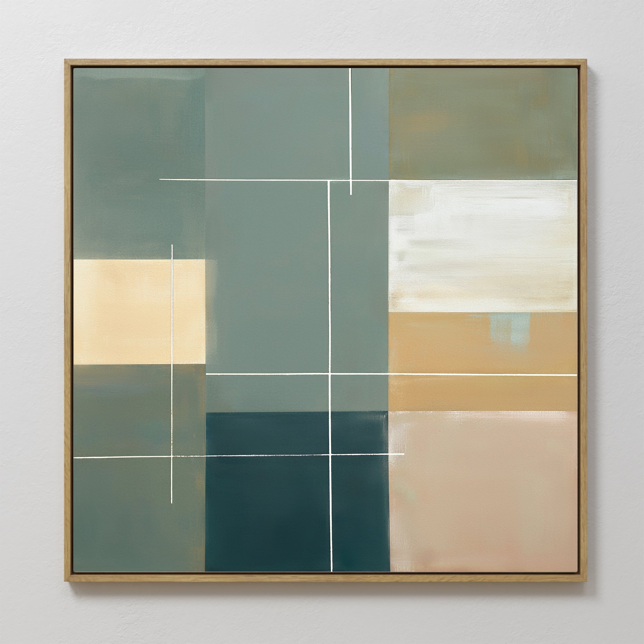 Original hand painted teal sage blush geometric abstract oil painting canvas wall art, nordic scandinavian elegant luxury modern living room home deco