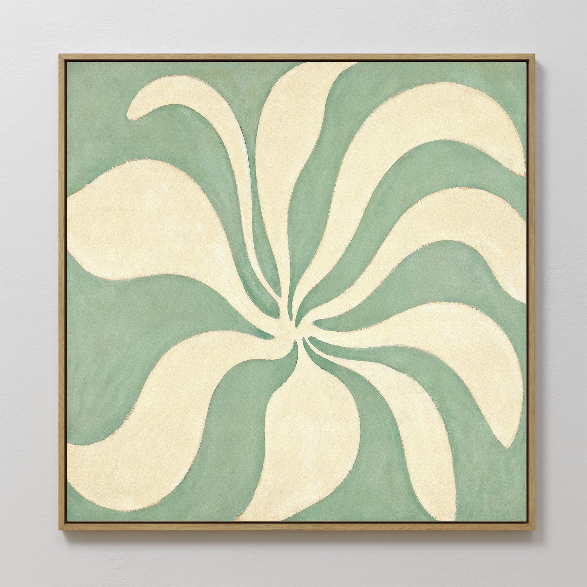 Original hand painted sage green cream swirling botanical oil painting canvas wall art, nordic scandinavian elegant luxury modern minimalist home deco