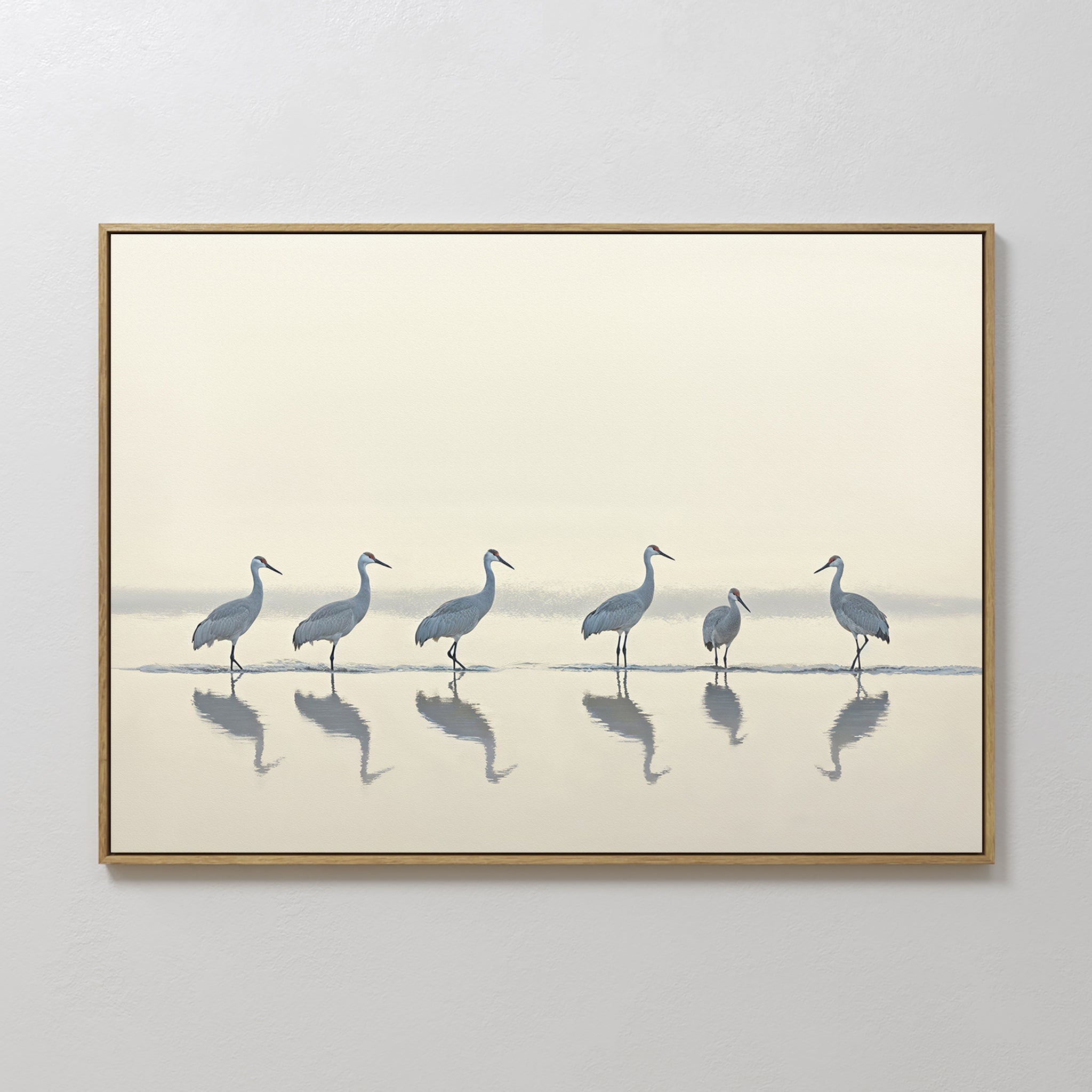 Original hand painted blue grey cranes coastal oil painting canvas wall art, nordic scandinavian elegant luxury minimalist modern living room home dec