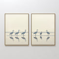 Hand painted original oil painting blue grey sandhill cranes misty coastal water reflection canvas wall art nordic scandinavian elegant luxury modern
