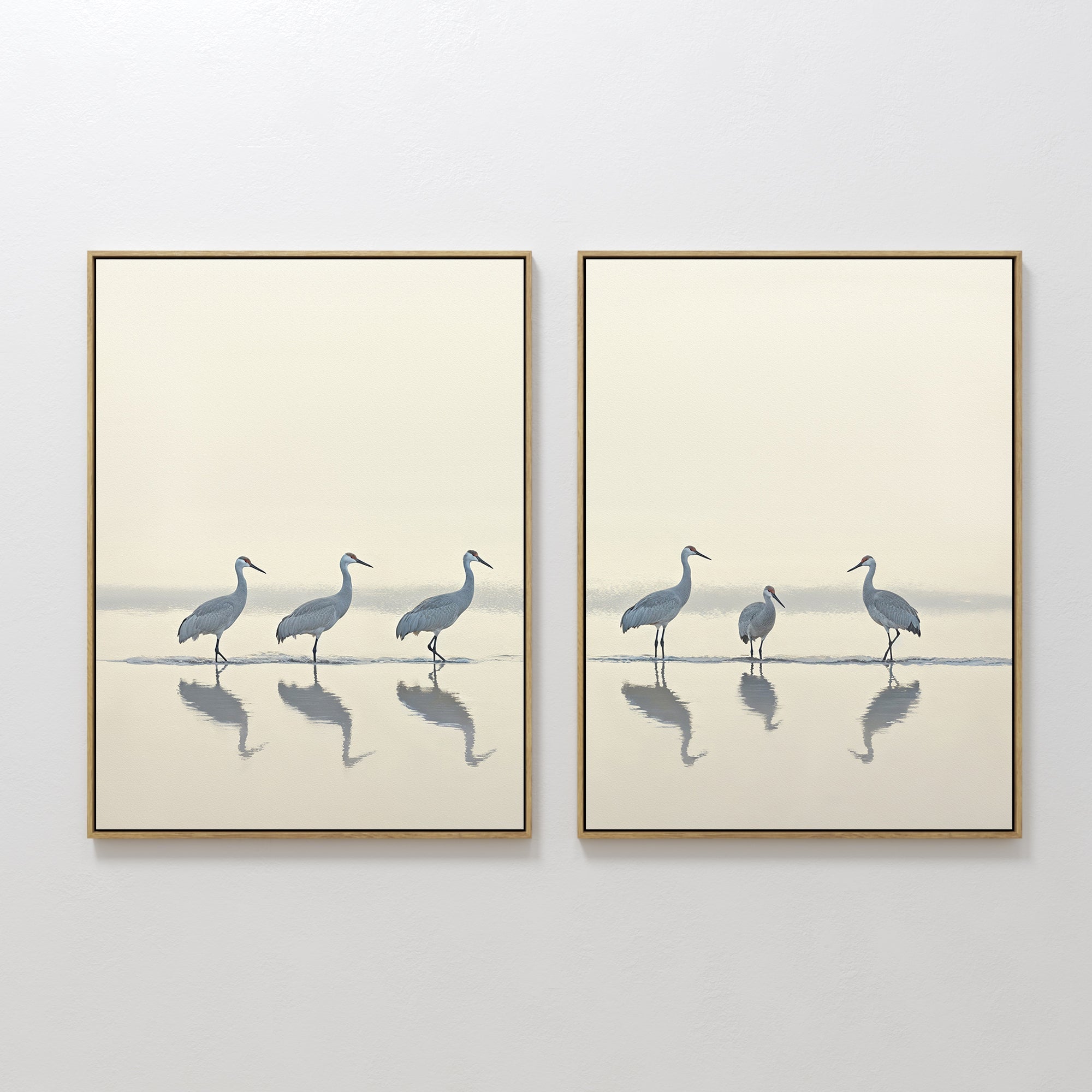 Hand painted original oil painting blue grey sandhill cranes misty coastal water reflection canvas wall art nordic scandinavian elegant luxury modern