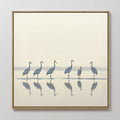 Hand painted original oil painting six blue grey cranes misty coastal water reflections canvas wall art nordic scandinavian elegant luxury modern home