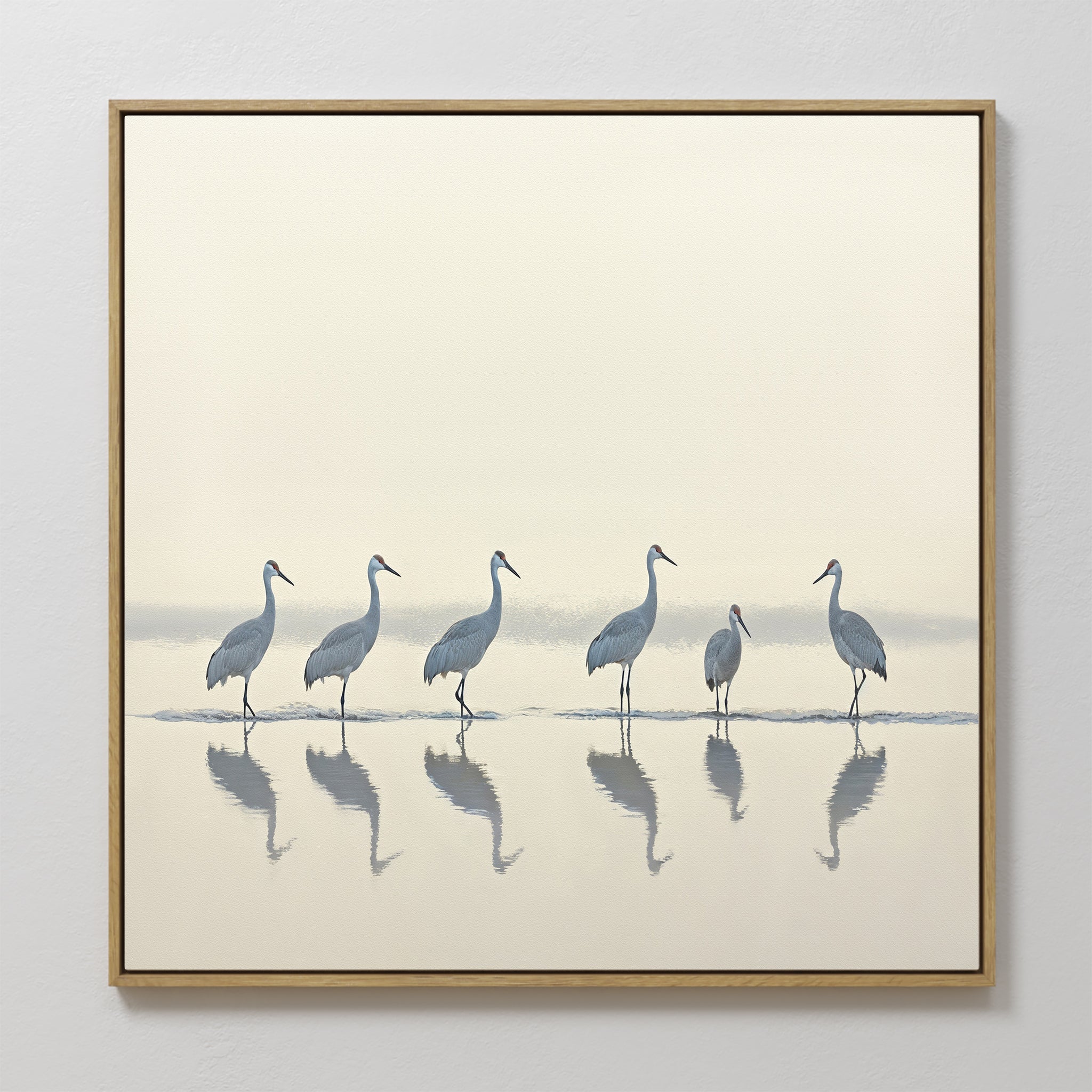Hand painted original oil painting six blue grey cranes misty coastal water reflections canvas wall art nordic scandinavian elegant luxury modern home