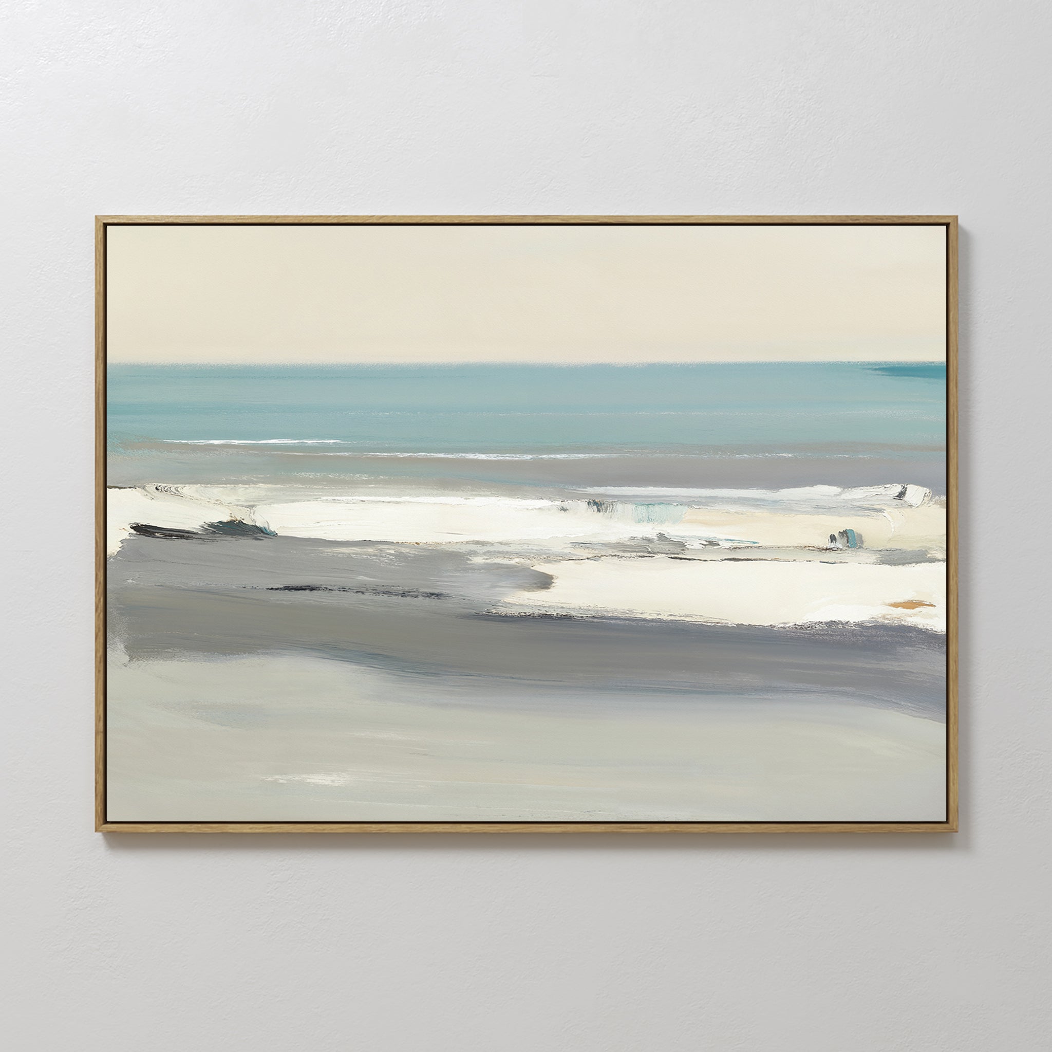 Hand painted original teal grey ivory coastal oil painting canvas wall art, nordic scandinavian elegant minimalist luxury modern living room home deco
