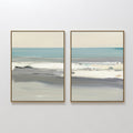 Original hand painted teal ivory grey coastal seascape oil painting canvas set wall art, nordic scandinavian elegant luxury modern living room home de